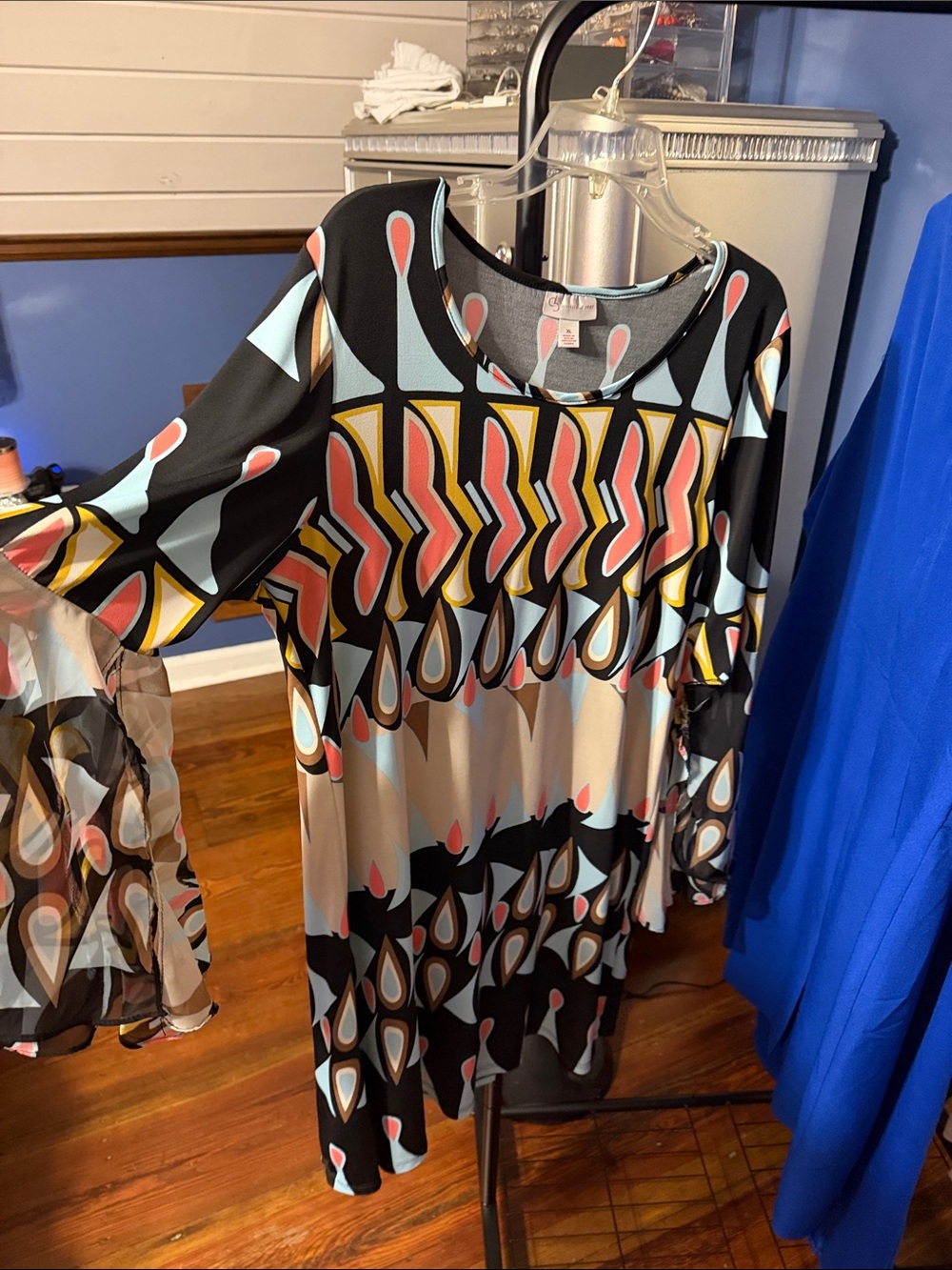 Dress Barn Black Tunic with Coral, Light Blue and Yellow Geometric Print